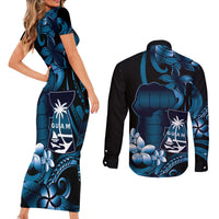 Blue Hafa Adai Guam Couples Matching Short Sleeve Bodycon Dress and Long Sleeve Button Shirt Chamorro Latte Stone Hand With Plumeria