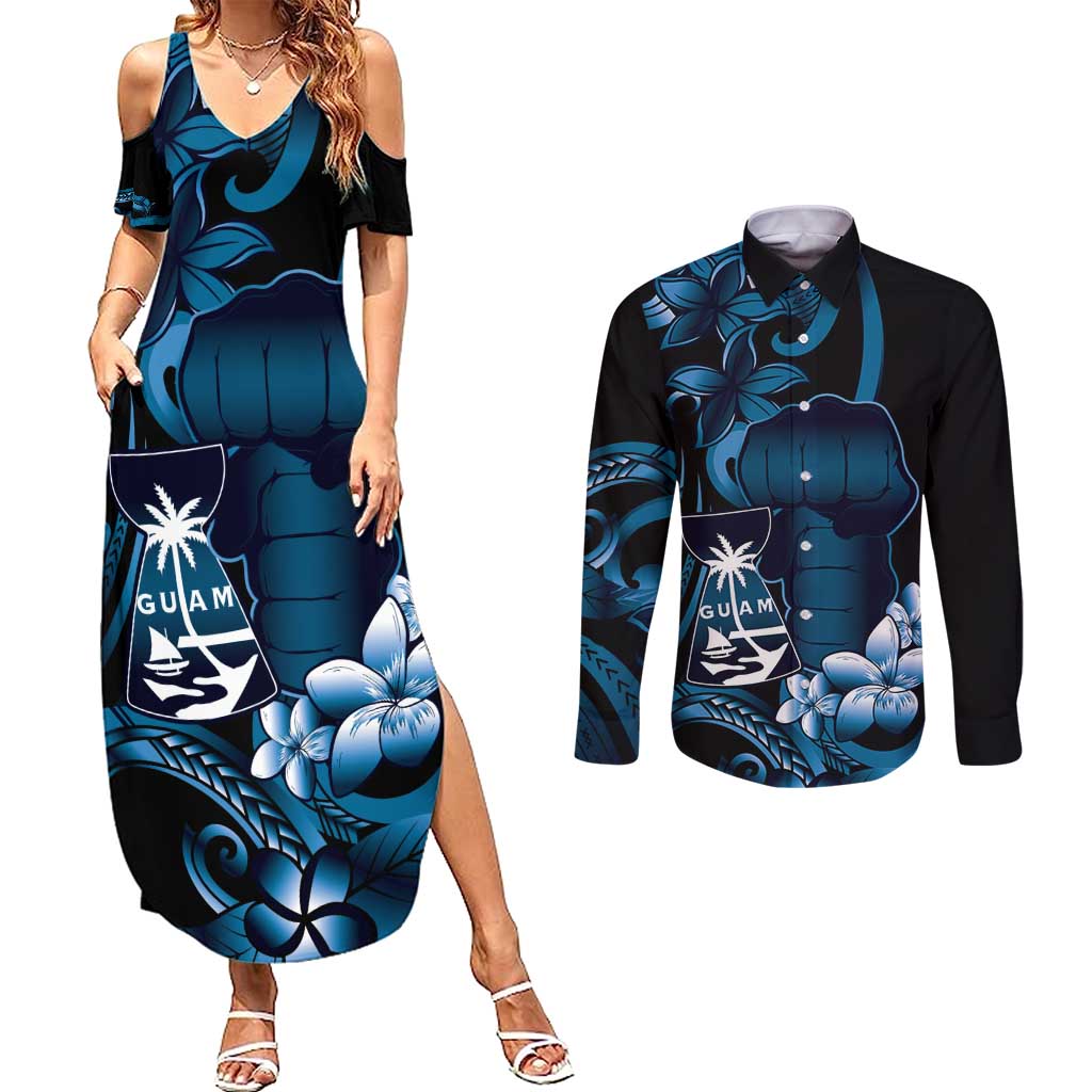 Blue Hafa Adai Guam Couples Matching Summer Maxi Dress and Long Sleeve Button Shirt Chamorro Latte Stone Hand With Plumeria