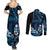 Blue Hafa Adai Guam Couples Matching Summer Maxi Dress and Long Sleeve Button Shirt Chamorro Latte Stone Hand With Plumeria