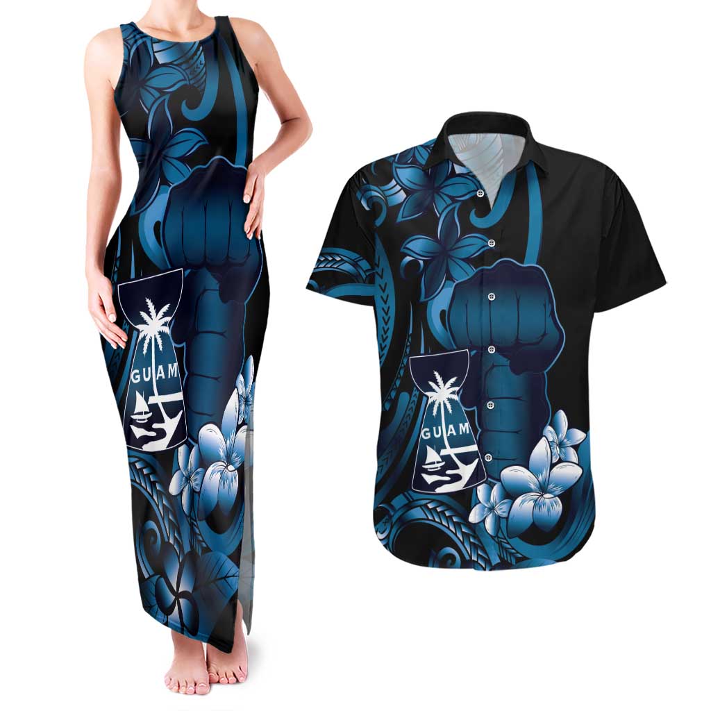Blue Hafa Adai Guam Couples Matching Tank Maxi Dress and Hawaiian Shirt Chamorro Latte Stone Hand With Plumeria