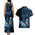 Blue Hafa Adai Guam Couples Matching Tank Maxi Dress and Hawaiian Shirt Chamorro Latte Stone Hand With Plumeria