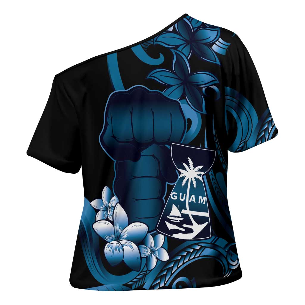Blue Hafa Adai Guam Cross Shoulder Shirt Chamorro Latte Stone Hand With Plumeria - Polynesian Pride