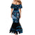 Blue Hafa Adai Guam Family Matching Mermaid Dress and Hawaiian Shirt Chamorro Latte Stone Hand With Plumeria
