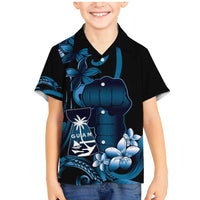 Blue Hafa Adai Guam Family Matching Mermaid Dress and Hawaiian Shirt Chamorro Latte Stone Hand With Plumeria