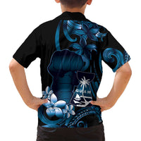 Blue Hafa Adai Guam Family Matching Off Shoulder Short Dress and Hawaiian Shirt Chamorro Latte Stone Hand With Plumeria