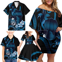 Blue Hafa Adai Guam Family Matching Off Shoulder Short Dress and Hawaiian Shirt Chamorro Latte Stone Hand With Plumeria