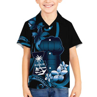 Blue Hafa Adai Guam Family Matching Off Shoulder Short Dress and Hawaiian Shirt Chamorro Latte Stone Hand With Plumeria