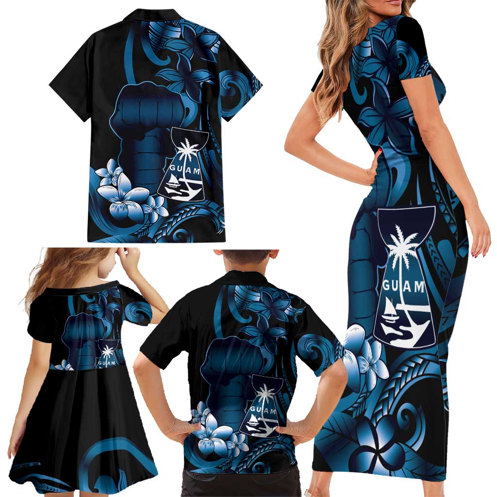 Blue Hafa Adai Guam Family Matching Short Sleeve Bodycon Dress and Hawaiian Shirt Chamorro Latte Stone Hand With Plumeria