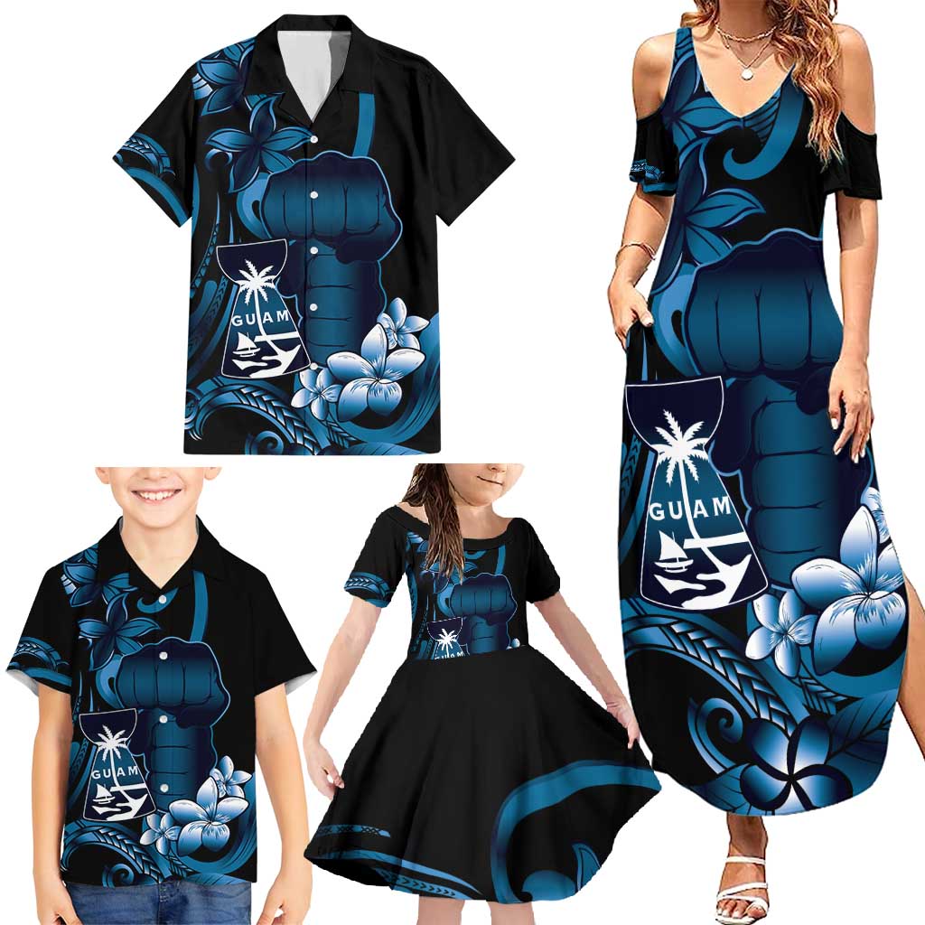 Blue Hafa Adai Guam Family Matching Summer Maxi Dress and Hawaiian Shirt Chamorro Latte Stone Hand With Plumeria