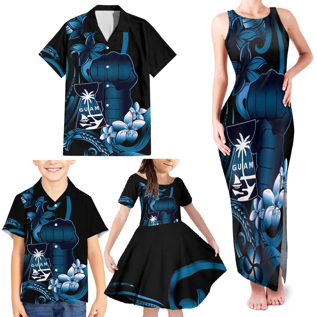 Blue Hafa Adai Guam Family Matching Tank Maxi Dress and Hawaiian Shirt Chamorro Latte Stone Hand With Plumeria