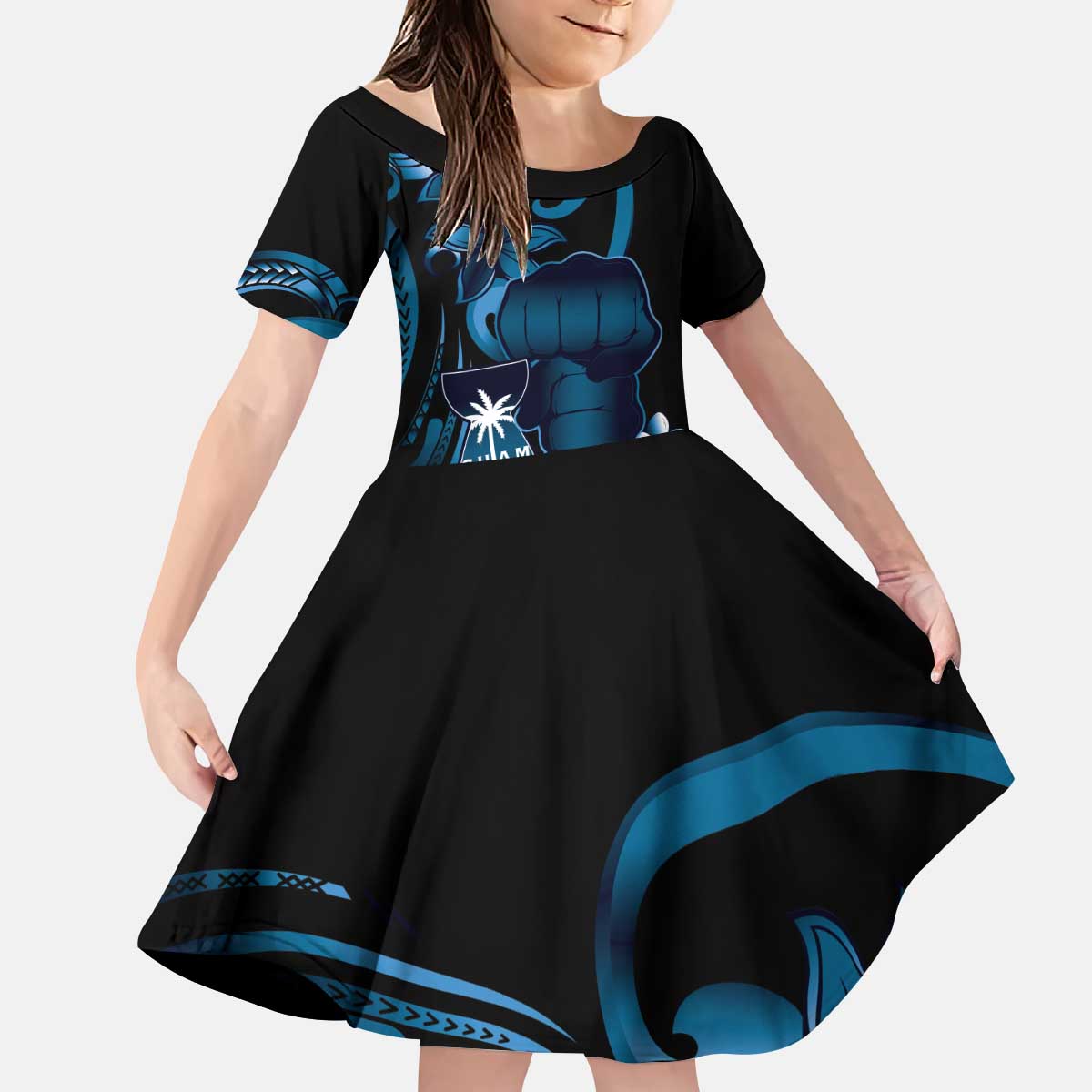 Blue Hafa Adai Guam Kid Short Sleeve Dress Chamorro Latte Stone Hand With Plumeria