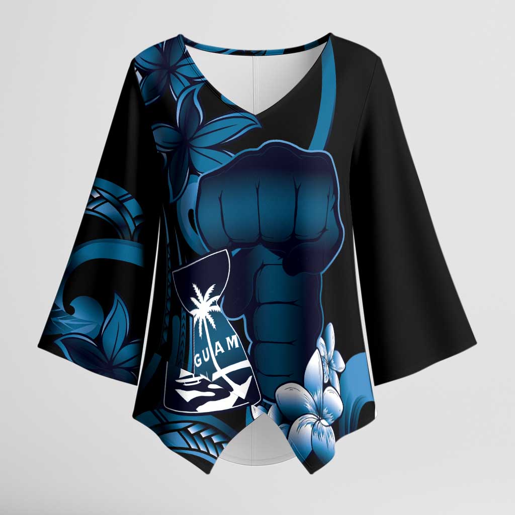Blue Hafa Adai Guam Kimono Sleeve Blouse Chamorro Latte Stone Hand With Plumeria - Polynesian Pride