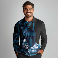 Blue Hafa Adai Guam Long Sleeve Polo Shirt Chamorro Latte Stone Hand With Plumeria