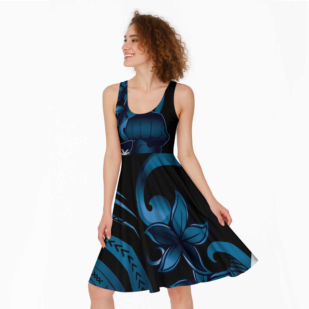 Blue Hafa Adai Guam Midi Dress Chamorro Latte Stone Hand With Plumeria - Polynesian Pride