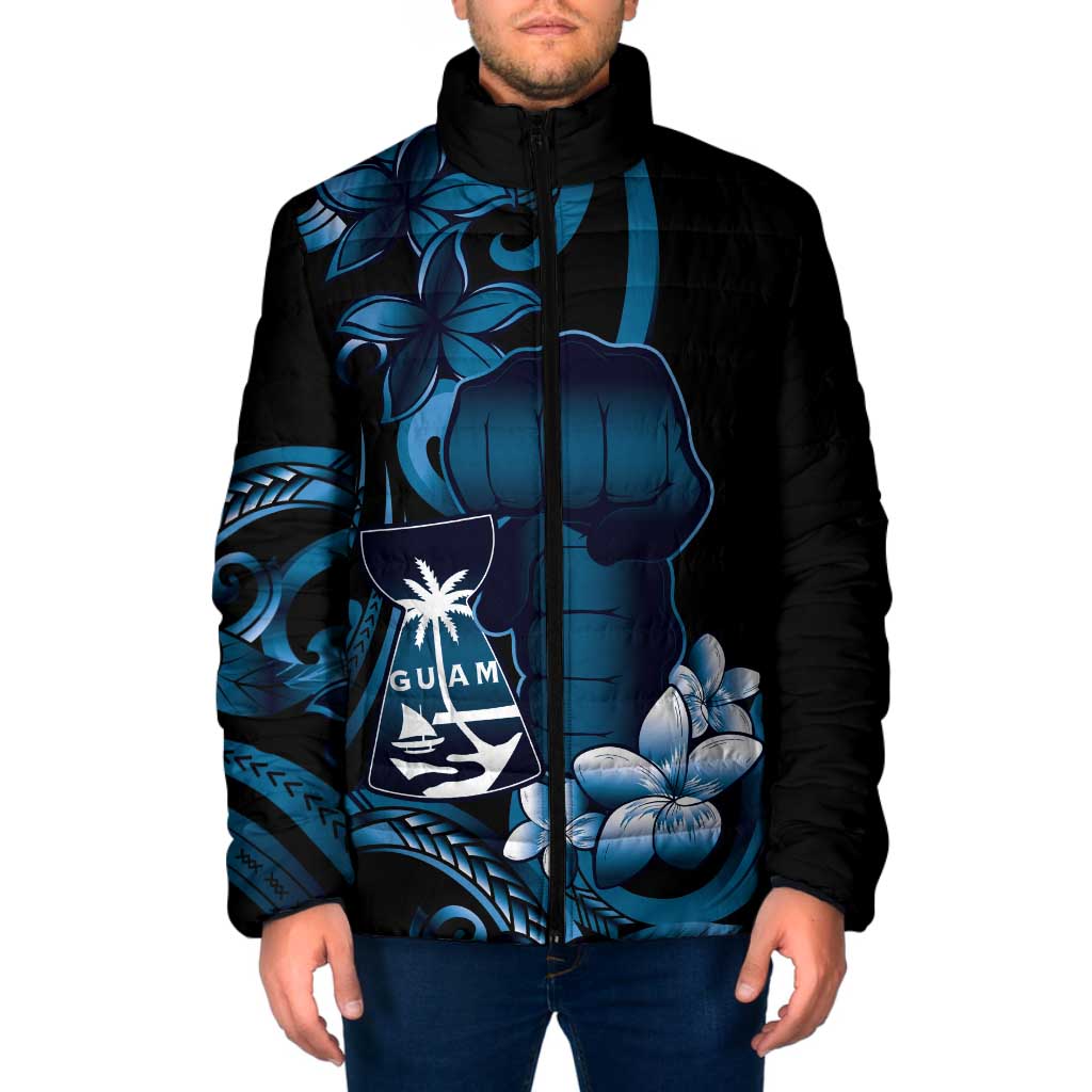 Blue Hafa Adai Guam Padded Jacket Chamorro Latte Stone Hand With Plumeria - Polynesian Pride