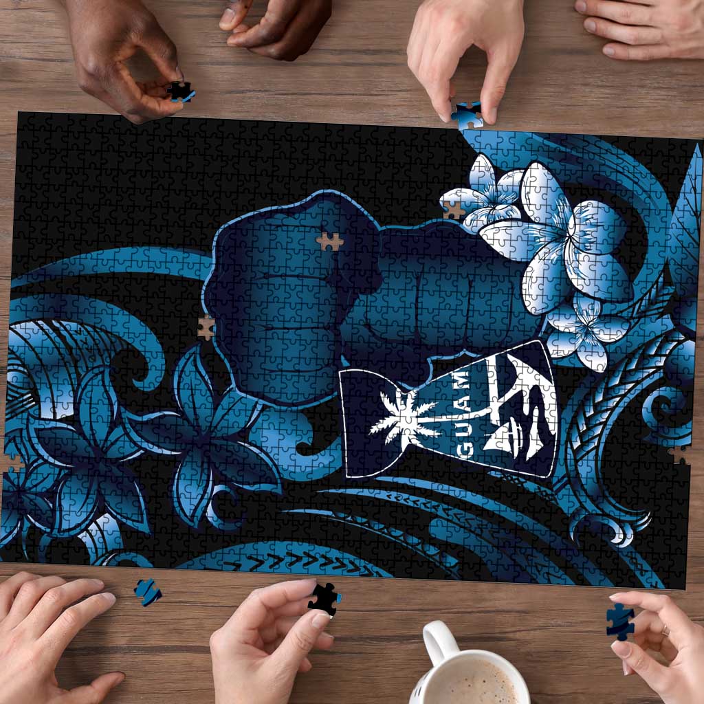 Blue Hafa Adai Guam Puzzle Chamorro Latte Stone Hand With Plumeria - Polynesian Pride