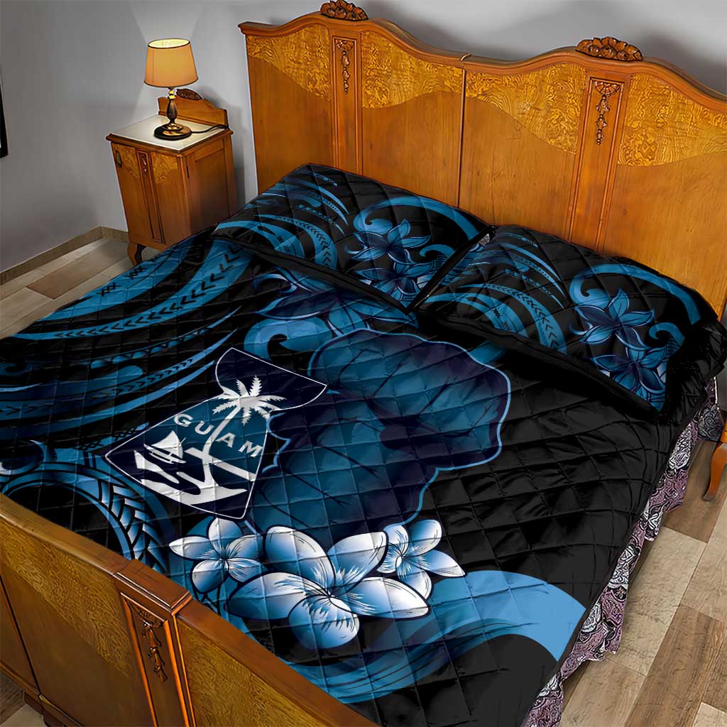 Blue Hafa Adai Guam Quilt Bed Set Chamorro Latte Stone Hand With Plumeria