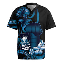 Blue Hafa Adai Guam Rugby Jersey Chamorro Latte Stone Hand With Plumeria
