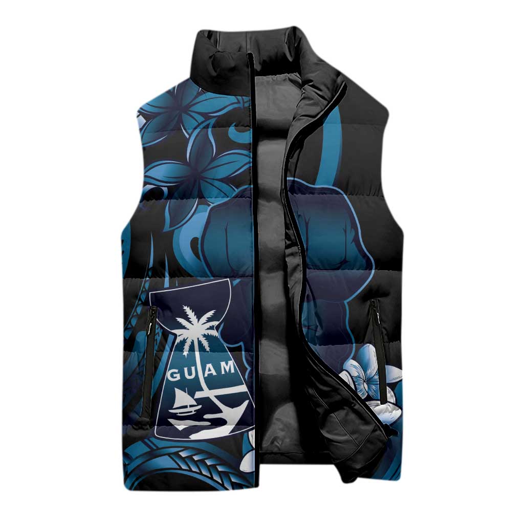 Blue Hafa Adai Guam Sleeveless Puffer Jacket Chamorro Latte Stone Hand With Plumeria - Polynesian Pride