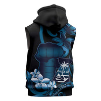 Blue Hafa Adai Guam Sleeveless Zip Hoodie Chamorro Latte Stone Hand With Plumeria - Polynesian Pride