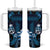 Blue Hafa Adai Guam Tumbler With Handle Chamorro Latte Stone Hand With Plumeria