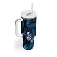 Blue Hafa Adai Guam Tumbler With Handle Chamorro Latte Stone Hand With Plumeria