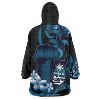 Blue Hafa Adai Guam Wearable Blanket Hoodie Chamorro Latte Stone Hand With Plumeria