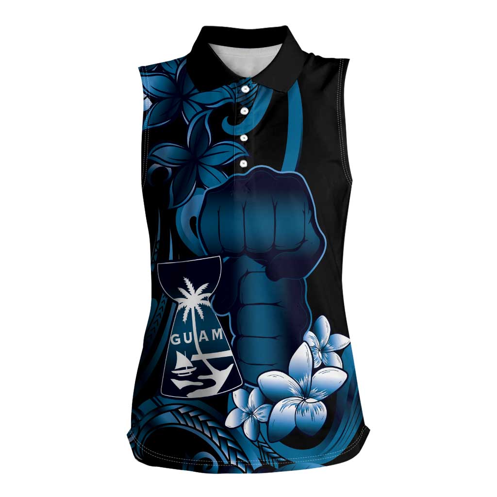 Blue Hafa Adai Guam Women Sleeveless Polo Shirt Chamorro Latte Stone Hand With Plumeria
