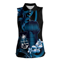 Blue Hafa Adai Guam Women Sleeveless Polo Shirt Chamorro Latte Stone Hand With Plumeria