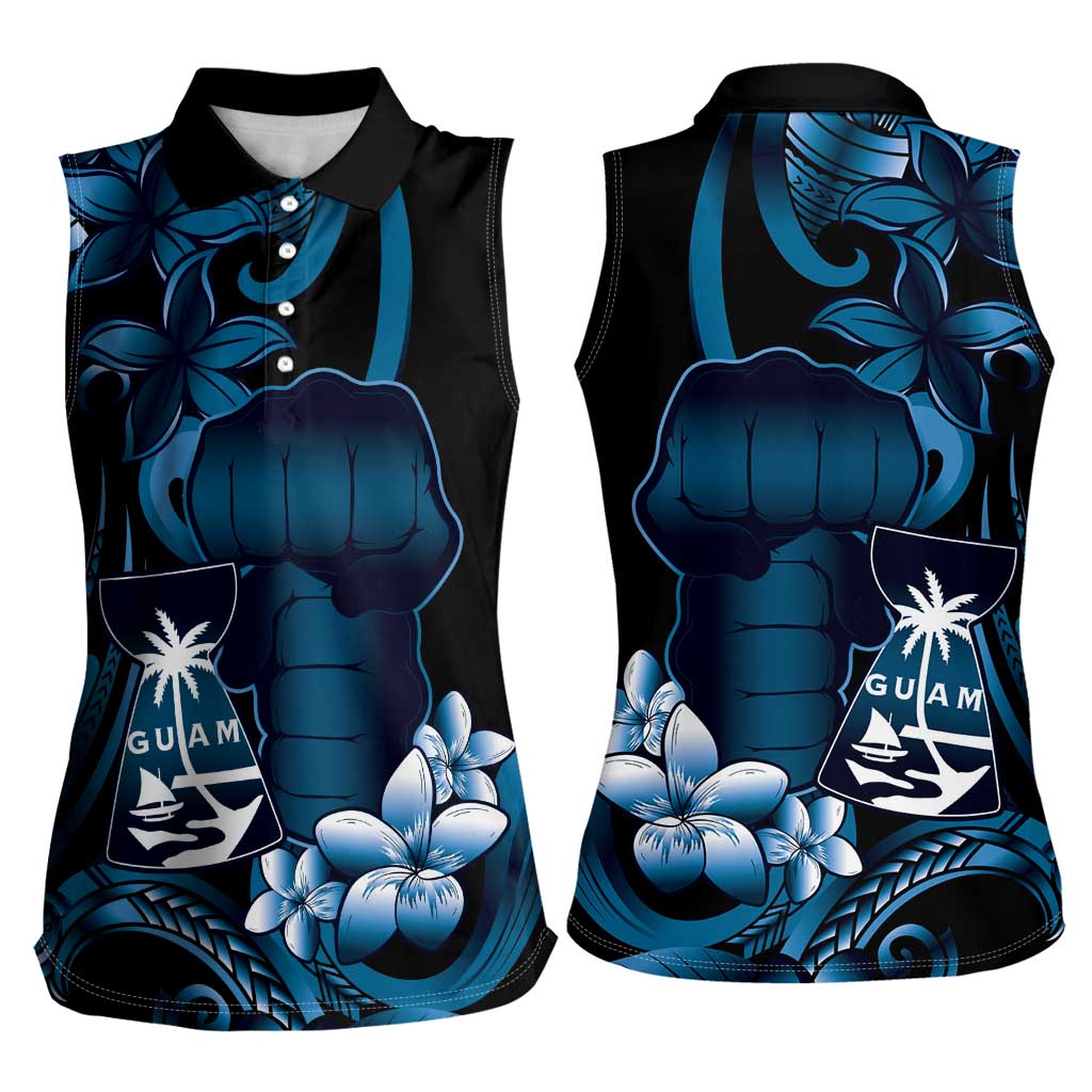 Blue Hafa Adai Guam Women Sleeveless Polo Shirt Chamorro Latte Stone Hand With Plumeria