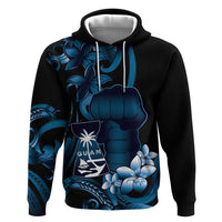 Blue Hafa Adai Guam Zip Hoodie Chamorro Latte Stone Hand With Plumeria