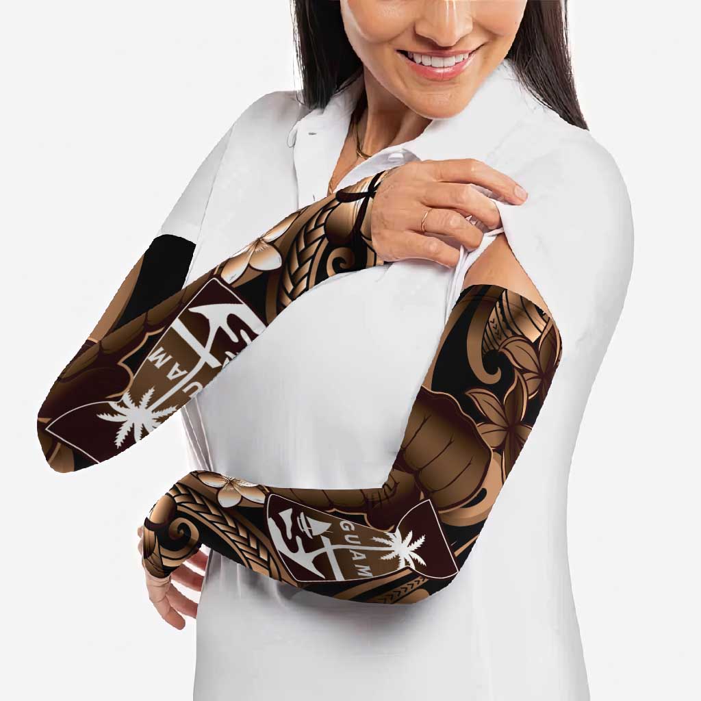 Brown Hafa Adai Guam Arm Sleeves Chamorro Latte Stone Hand With Plumeria - Polynesian Pride