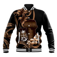 Brown Hafa Adai Guam Baseball Jacket Chamorro Latte Stone Hand With Plumeria