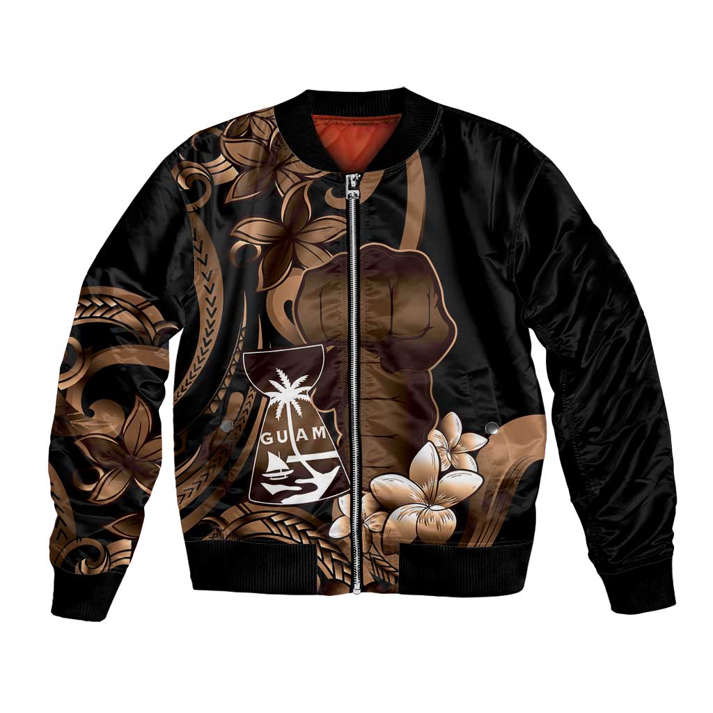 Brown Hafa Adai Guam Bomber Jacket Chamorro Latte Stone Hand With Plumeria