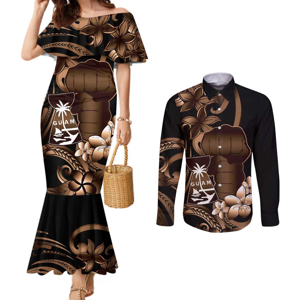 Brown Hafa Adai Guam Couples Matching Mermaid Dress and Long Sleeve Button Shirt Chamorro Latte Stone Hand With Plumeria