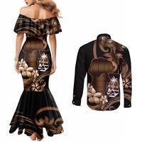 Brown Hafa Adai Guam Couples Matching Mermaid Dress and Long Sleeve Button Shirt Chamorro Latte Stone Hand With Plumeria