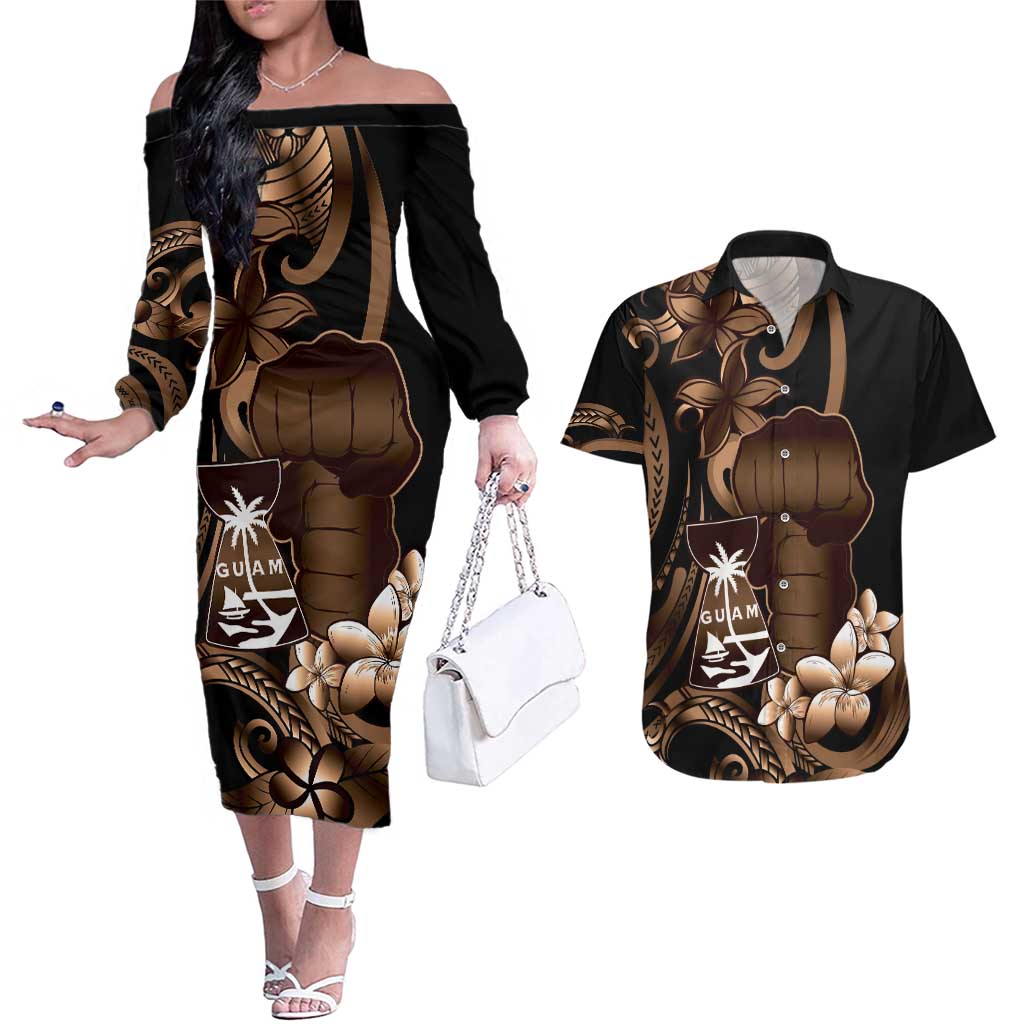 Brown Hafa Adai Guam Couples Matching Off The Shoulder Long Sleeve Dress and Hawaiian Shirt Chamorro Latte Stone Hand With Plumeria