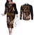 Brown Hafa Adai Guam Couples Matching Off The Shoulder Long Sleeve Dress and Long Sleeve Button Shirt Chamorro Latte Stone Hand With Plumeria