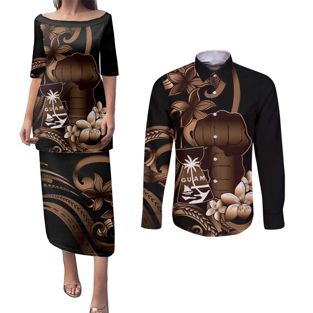Brown Hafa Adai Guam Couples Matching Puletasi and Long Sleeve Button Shirt Chamorro Latte Stone Hand With Plumeria