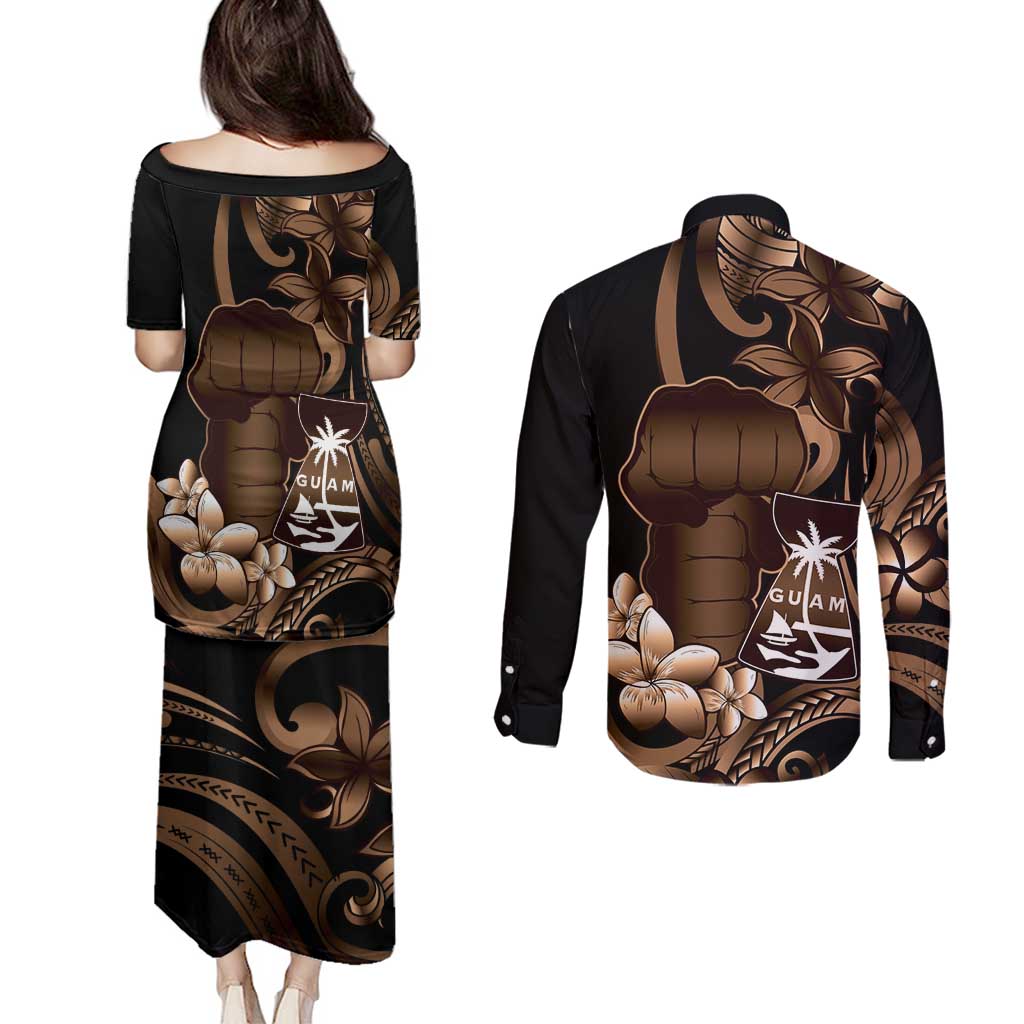 Brown Hafa Adai Guam Couples Matching Puletasi and Long Sleeve Button Shirt Chamorro Latte Stone Hand With Plumeria