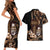 Brown Hafa Adai Guam Couples Matching Short Sleeve Bodycon Dress and Hawaiian Shirt Chamorro Latte Stone Hand With Plumeria