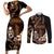 Brown Hafa Adai Guam Couples Matching Short Sleeve Bodycon Dress and Long Sleeve Button Shirt Chamorro Latte Stone Hand With Plumeria