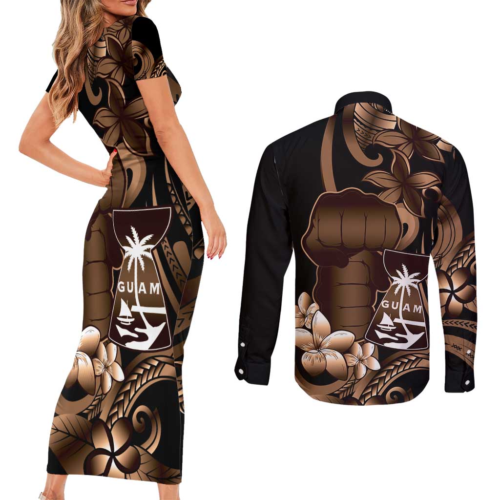 Brown Hafa Adai Guam Couples Matching Short Sleeve Bodycon Dress and Long Sleeve Button Shirt Chamorro Latte Stone Hand With Plumeria