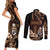 Brown Hafa Adai Guam Couples Matching Short Sleeve Bodycon Dress and Long Sleeve Button Shirt Chamorro Latte Stone Hand With Plumeria