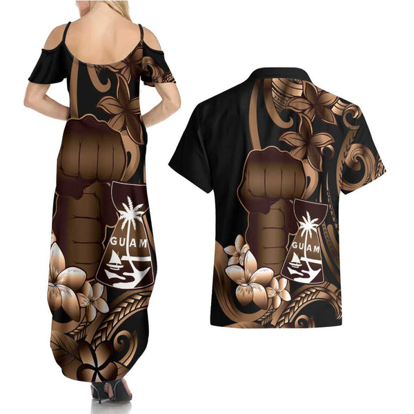 Guam Couples Matching Off Shoulder Maxi Dress and Hawaiian Shirt Latte Stone Mix Bougainvillea Polynesian Pattern LT05 main image 1