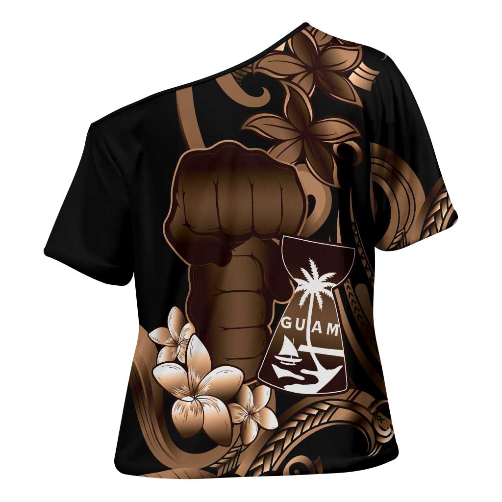 Brown Hafa Adai Guam Cross Shoulder Shirt Chamorro Latte Stone Hand With Plumeria - Polynesian Pride