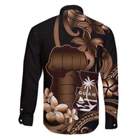 Brown Hafa Adai Guam Family Matching Off Shoulder Maxi Dress and Hawaiian Shirt Chamorro Latte Stone Hand With Plumeria