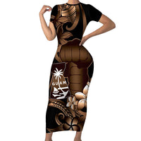 Brown Hafa Adai Guam Family Matching Short Sleeve Bodycon Dress and Hawaiian Shirt Chamorro Latte Stone Hand With Plumeria