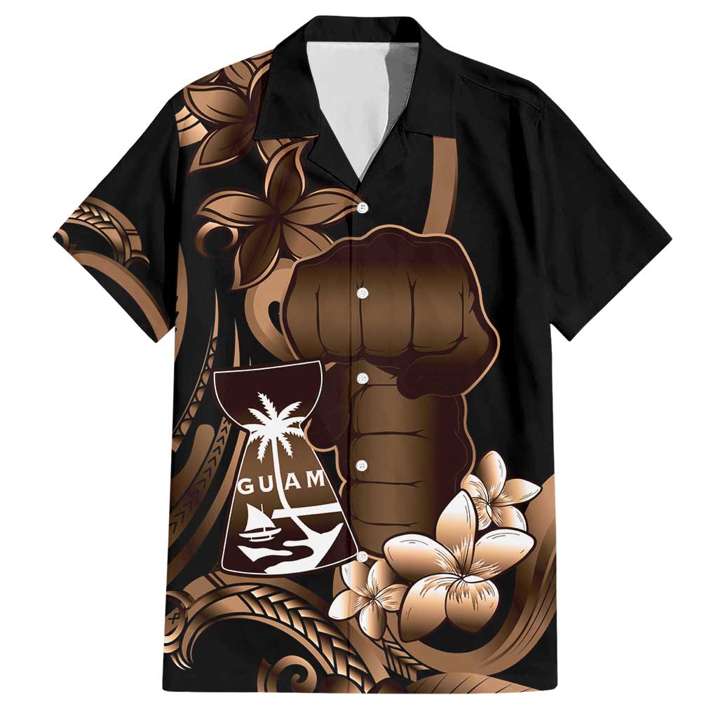 Brown Hafa Adai Guam Hawaiian Shirt Chamorro Latte Stone Hand With Plumeria LT14 Brown - Polynesian Pride