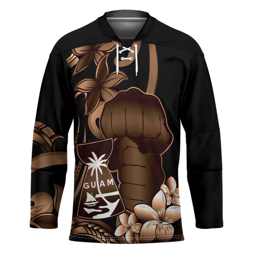 Brown Hafa Adai Guam Hockey Jersey Chamorro Latte Stone Hand With Plumeria - Polynesian Pride